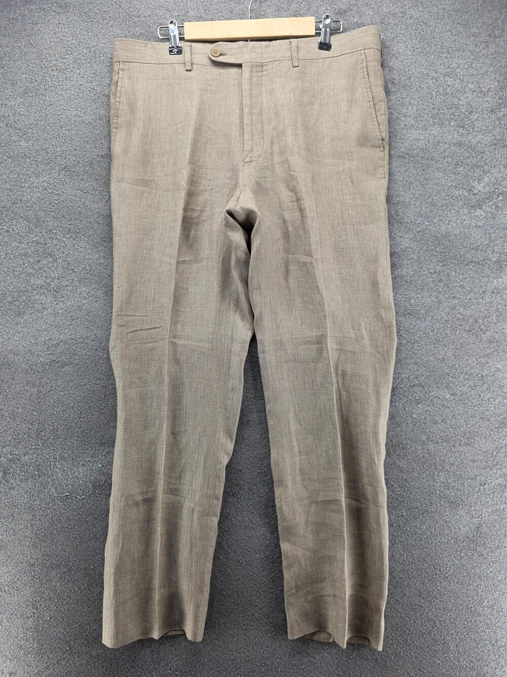 BENSOL Pants Mens 36x32 Beige Linen Slim Tapered Herringbone Dress Pants